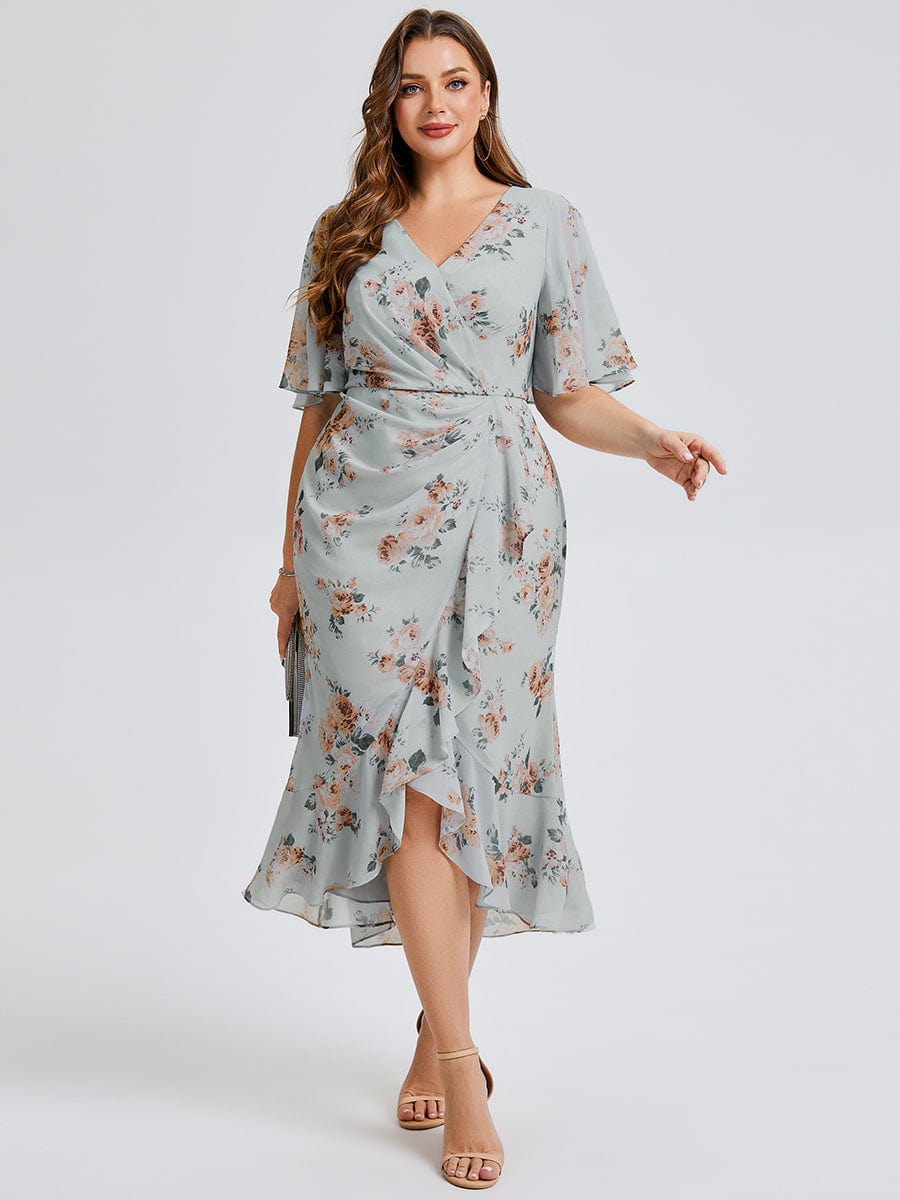 Plus Size Printed Bodycon V-Neck Midi Dress #color_Amber Bloom