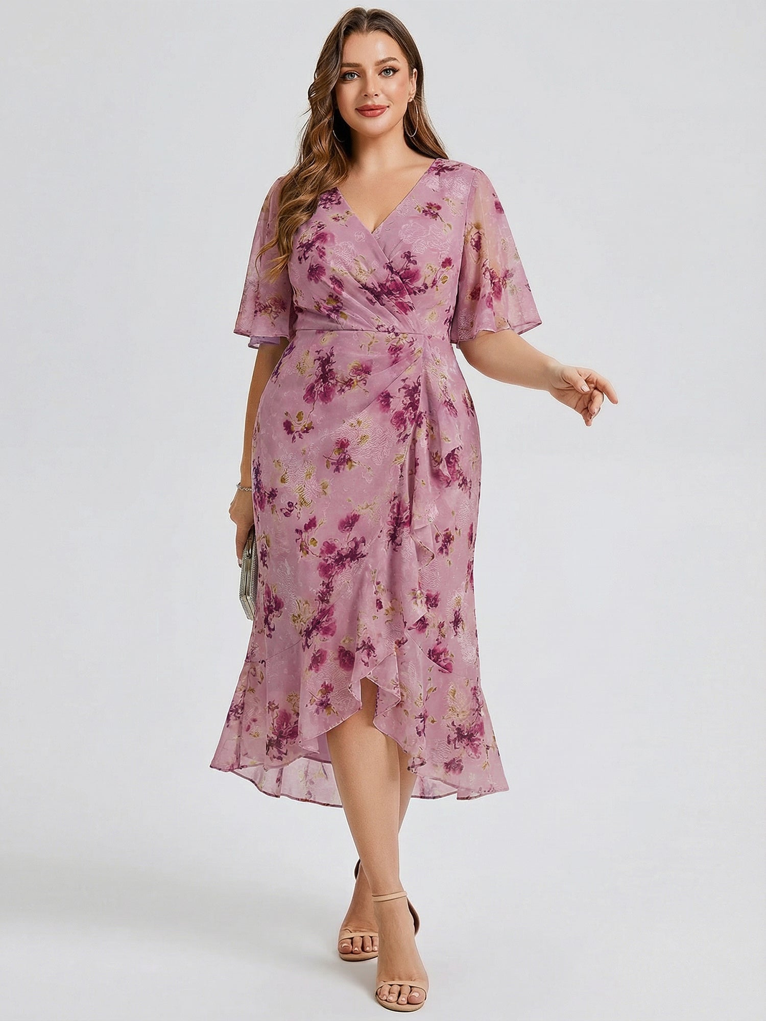 Plus Size Printed Bodycon V-Neck Midi Dress #color_Light Purple Print