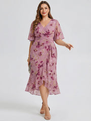 Plus Size Printed Bodycon V-Neck Midi Dress #color_Light Purple Print