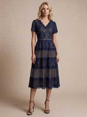 Lace Ruffle Sleeve A-Line Wedding Guest Dress #color_Navy Blue
