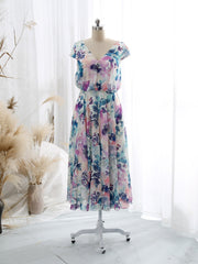 MissJophiel V Neck Cap Sleeve Tea Length Semi Formal Wedding Party Guest Bridesmaid Dresses