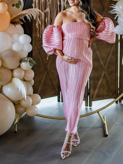 Momyknows Pink Off Shoulder Bandeau Ribbed Pleated Bodycon Puff Sleeve Evening Gown Baby Shower Maternity Maxi Dress