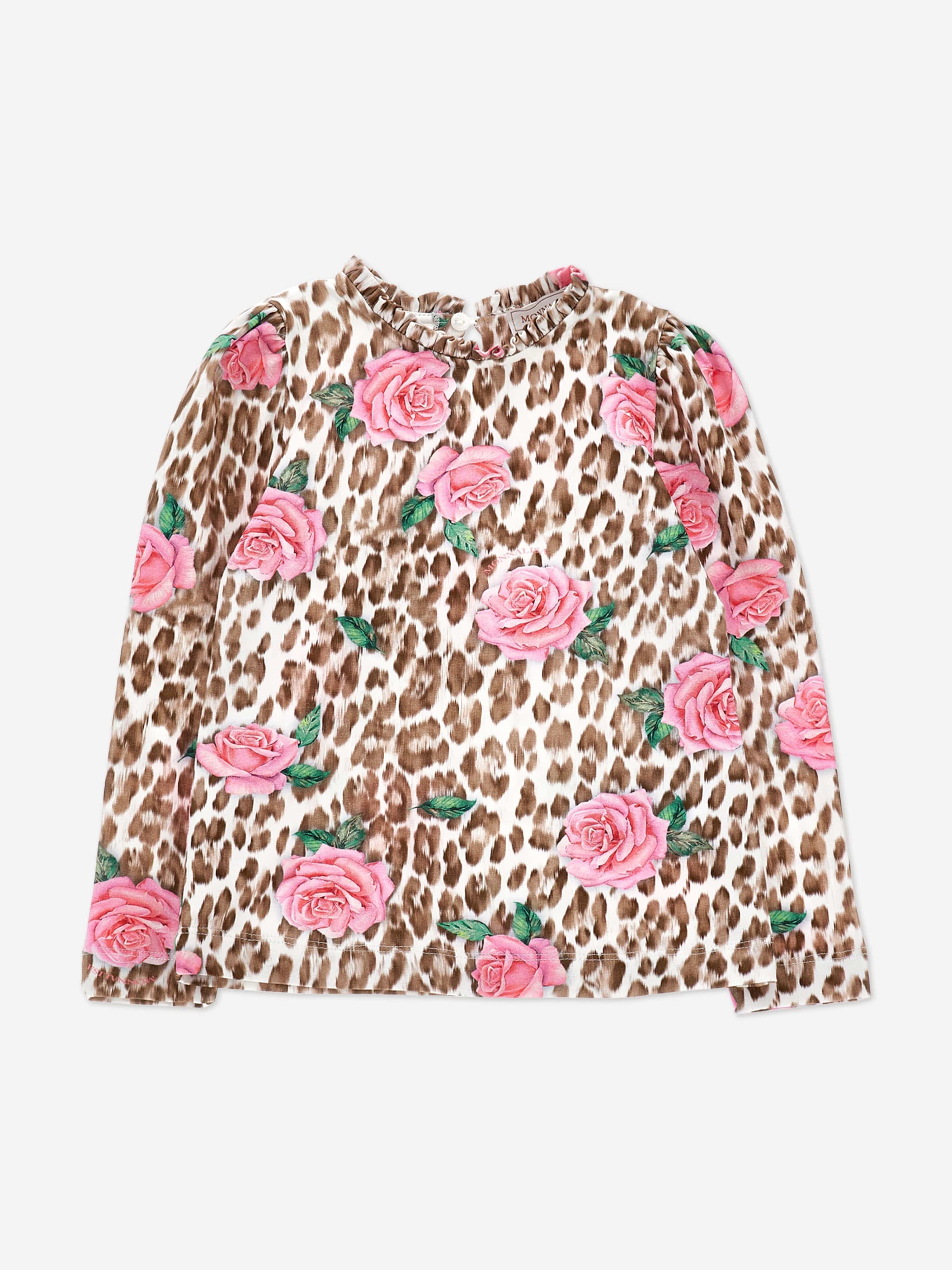 Monnalisa Girls Leopard and Rose Jersey Top in Multicolour