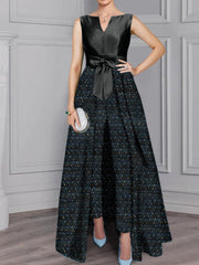 2 Pieces Scoop Long Sleeves Black Mother of the Bride Pantsuits with Sash & Sequins