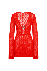 Red open-knit long-sleeve sweater dress with deep V-neck, silver ring detail at bust; brand tag reads MONDAY