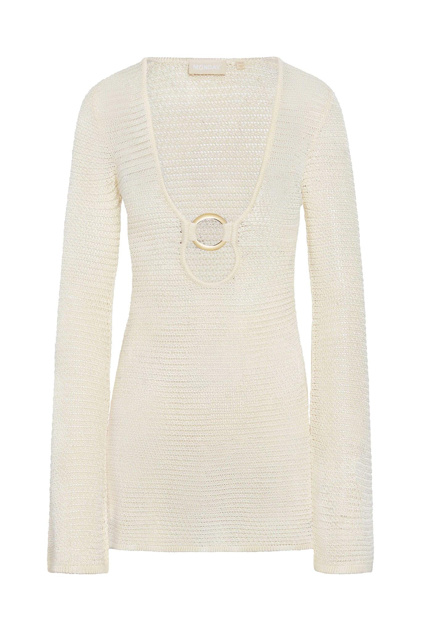 Front view of Montego Mini Dress in ivory with deep V neckline, gold ring cutout and open knit long sleeves on white background