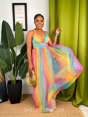 Pastel Rainbow Multicolor Tulle Maxi Dress