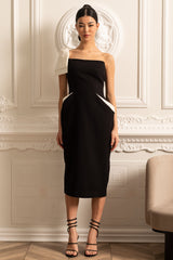 One-Shoulder Fitted Dress with White Accents - Black