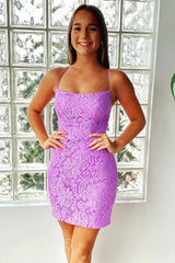 Mermaid Purple Bodycon Lace Up Short Lace Homecoming Dress PD473-Pgmdress