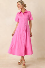 Midi dress with classic collared neckline, short sleeves, and full button front.