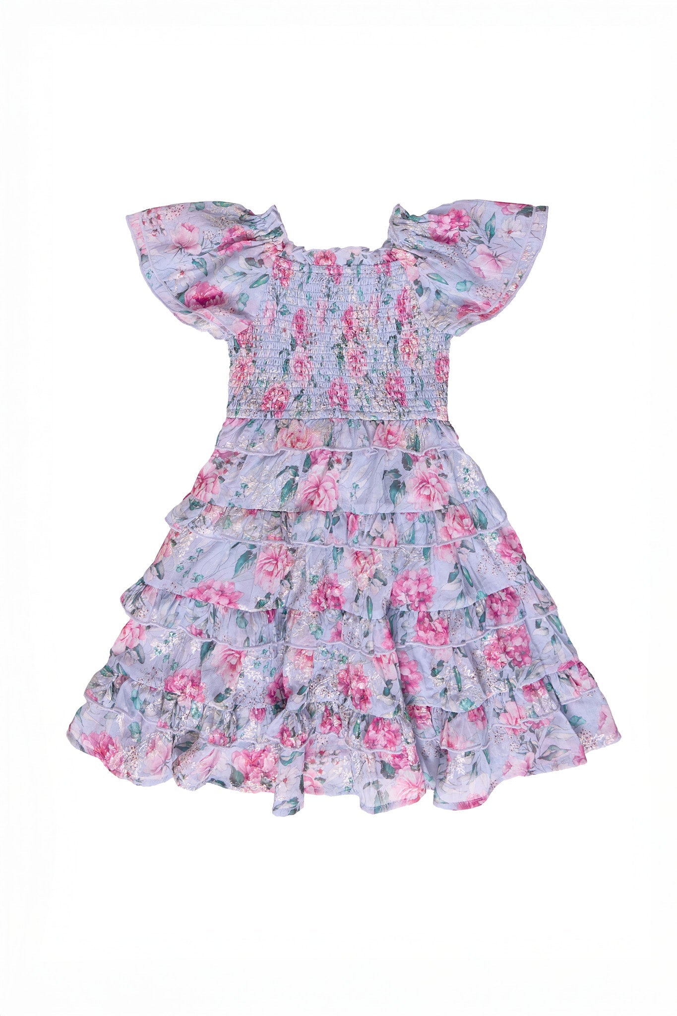 purple floral dress against a white backdrop