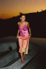 Pink satin maxi dress with refined accents, a satin mini dress essential.