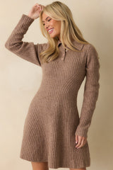 Detail showing fitted bodice and long sleeves of the mocha knit mini dress.