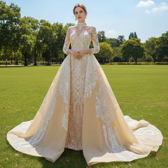 Mermaid Lace O-Neck Long Sleeve Wedding Dress With Detachable Train