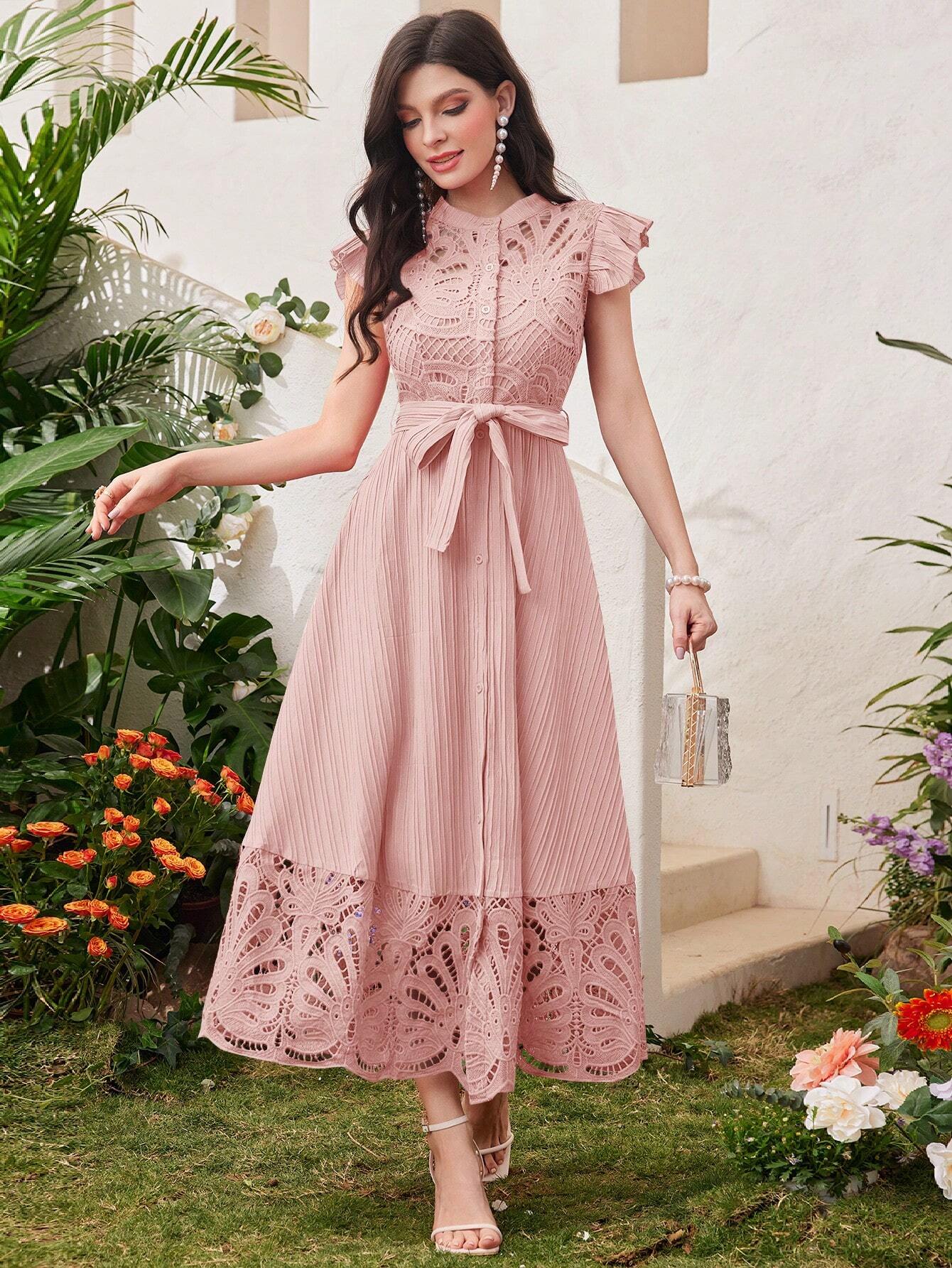 | SHEIN Modelyn Ladies' Stand Collar Solid Color Belted Lace Splicing Elegant Summer Dress Maxi Women Outfit Long Evening Dresses | Dress | Shein | OneHub