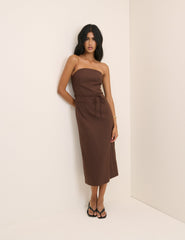Brown Bandeau Midi Dress