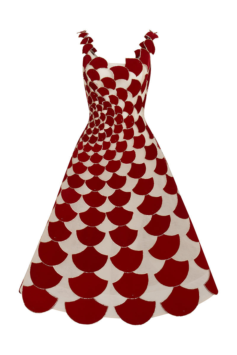 Front view of Phan Huy A-line sheer tulle midi dress with red velvet fabric cuts, elegant and flowing design.