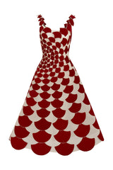 Front view of Phan Huy A-line sheer tulle midi dress with red velvet fabric cuts, elegant and flowing design.