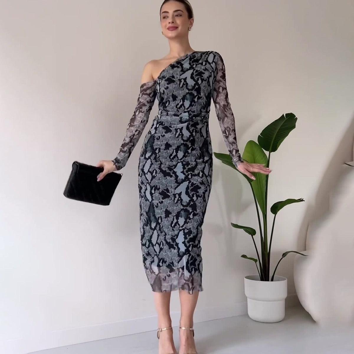 Women's Snake Print Long Sleeve Narrow Slim Fit Dress Aclosy