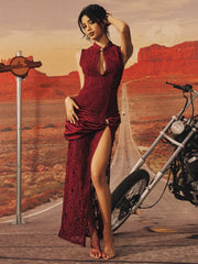 【Rebellious】 Red dress new Chinese cheongsam lace dress waist split stand-up collar Spice girl dress - Yandan_Hanfu
