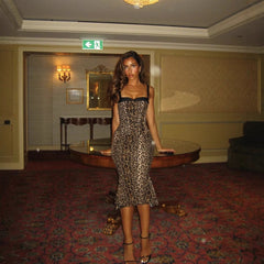 Feline Frame Corset Dress – Lace Contrast Leopard Fishtail Midi