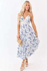 Off White Floral Print Lace Trim Maxi Dress