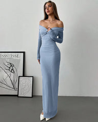 Front view Blue party off-shoulder mesh ruched fitted dress with long sleeves for women, elegant bodycon evening or party wear