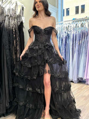 Off the Shoulder Black Lace Layered Long Prom Dresses, Black Lace Layered Formal Evening Dresses