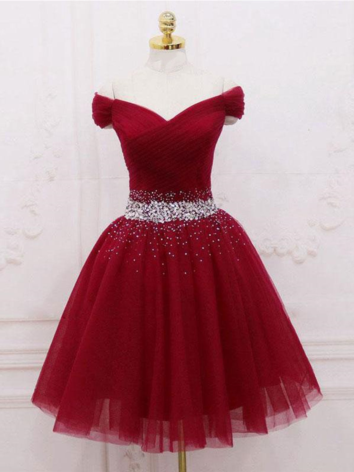 Off the Shoulder Short Burgundy Prom Dresses, Short Wine Red Off Shoulder Graduation Homecoming Dresses