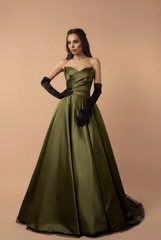 Olive Green Evening Dress with Waist Tie - Satin Strapless Wedding Dress Plus Size