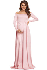 One-Shoulder Long Sleeves Elegant Dress Maternity Maxi Dress