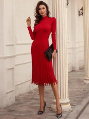 Women's Dresses Long Sleeve Pleated Midi Dress Red Color PLM22-D21