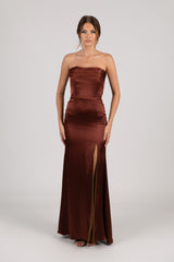 Mahogany Dark Brown Red Strapless Satin Maxi Dress with Draped Bust Detail and Side Slit