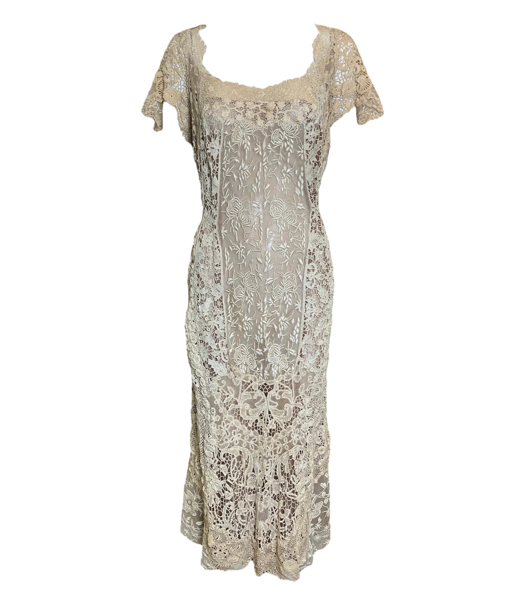1920s Ecru Irish Crochet Hand Embroidered Dress FRONT 1 of 8
