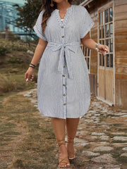 Embrace sunny days with this playful plus size blue and white striped midi dress. The waist tie cinches to highlight your curves, while the breezy fabric keeps you cool and comfy. Perfect for channeling that fresh Navycore vibe, it’s your go-to piece for effortless summer style and endless twirling fun.