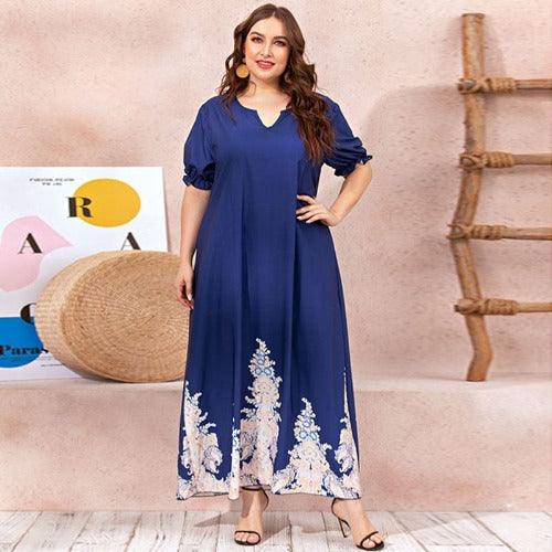 Plus Size Maxi Dress Boho, Retro Print ,Women Summer Short Sleeve, High Waist Beach Dress ,Deep V Neck Elegant V, Back Sexy Dresses, Plus Size Maxi Dress, Retro Print, High Waist Beach Dress Deep V Neck, iBuyXi.com