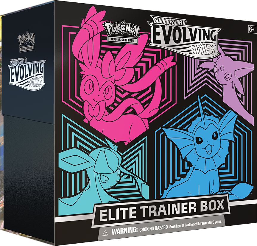 Pokémon Evolving Skies Elite Trainer Box from Pokémon TCG featuring Eevee and Evolutions cards, with booster packs and accessories.