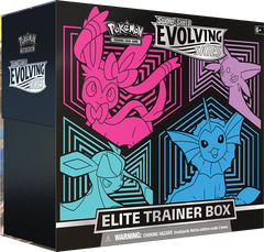 Pokémon Evolving Skies Elite Trainer Box from Pokémon TCG featuring Eevee and Evolutions cards, with booster packs and accessories.
