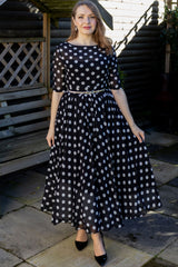 Black Polka Dot Chiffon Maxi Dress - Illusion Neckline | Xiaolizi 3396
