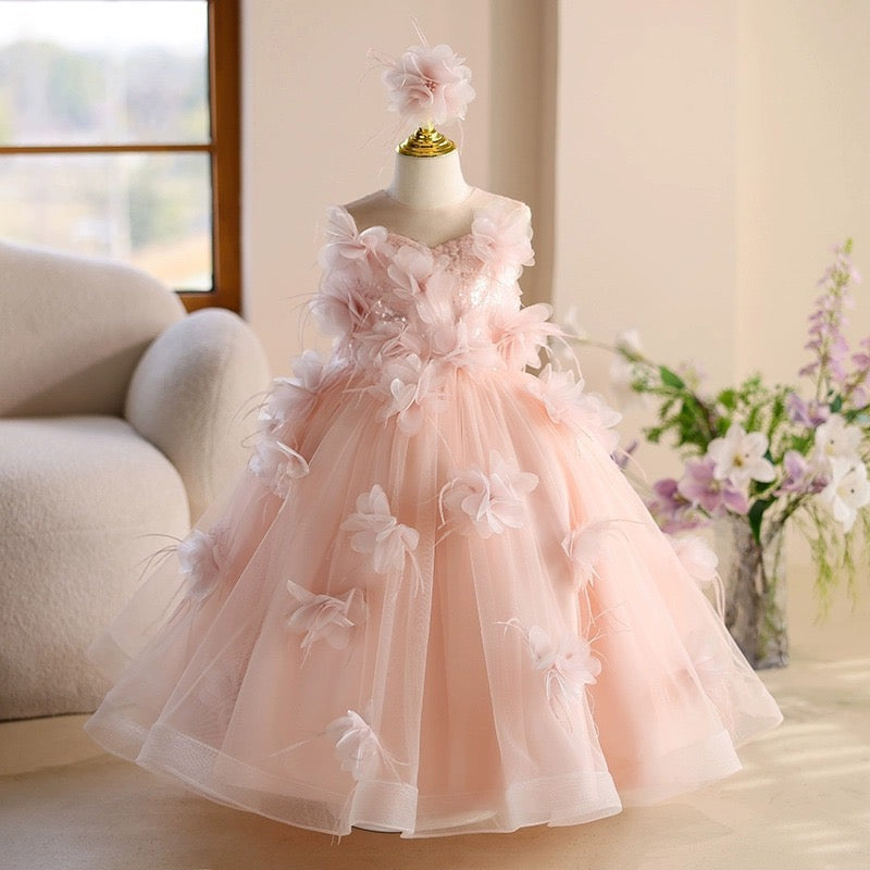 Princess 3D Floral Pink Tulle Birthday Wedding Flower Girl Dress, Sequin