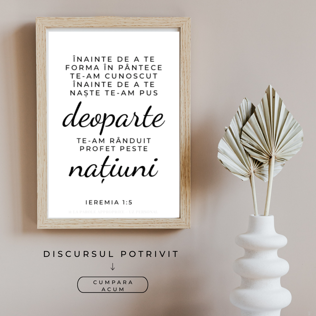 Poster creștin minimalist cu versetul Ieremia 1:5 despre chemare și destin, design alb-negru modern