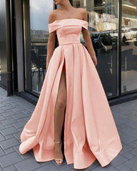 Elegant A Line Satin Peach Color Long Prom Dress Off The Shoulder Slit Party Gown LP06021