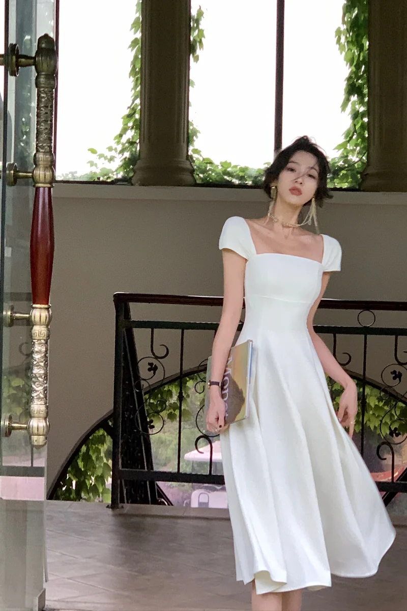 White summer dress women chic elegant square neck evening birthday party midi dress fg6023