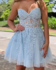 Strapless Light Blue Homecoming Dress with Sheer Corset Bodice