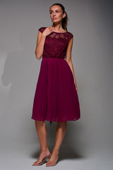 Cindy Lace Bodice Pleated Dress, Burgundy