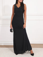Robe de soirée unie incrustée de pierres - Noir - 4