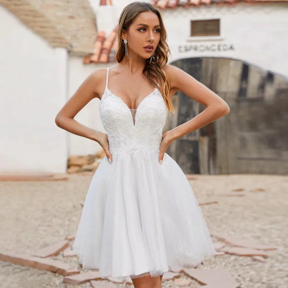 Wedding Dress A Line Spaghetti Straps V Neck Applique Glitter Tulle Short Bridal Gown Backless Dresses for Bride