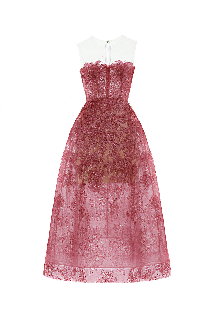 Red beaded lace midi dress by Montsand featuring intricate beadwork and elegant lace fabric, perfect for formal occasions.