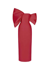 Red Montsand midi dress with a large bow detail, showcasing a stylish and elegant design for special occasions.