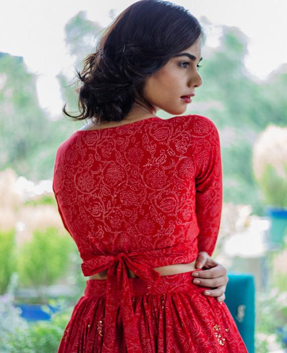 Red Floral Hand Block Printed & Hand Embroidered Cotton Lehenga Set - Mogra Designs